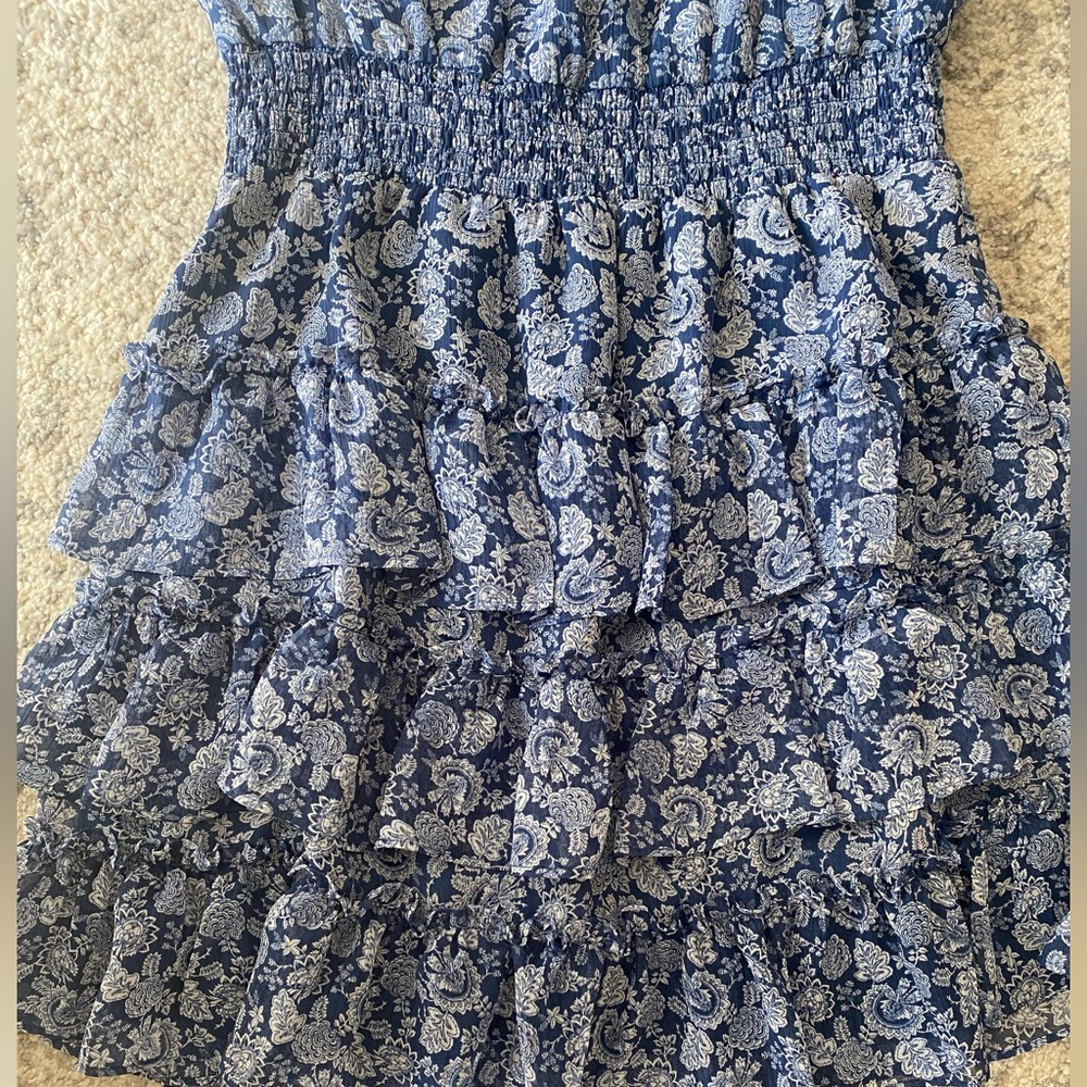 1.Slate Floral Print Smocked Neck Sleeveless Dress - Picture 4 of 11